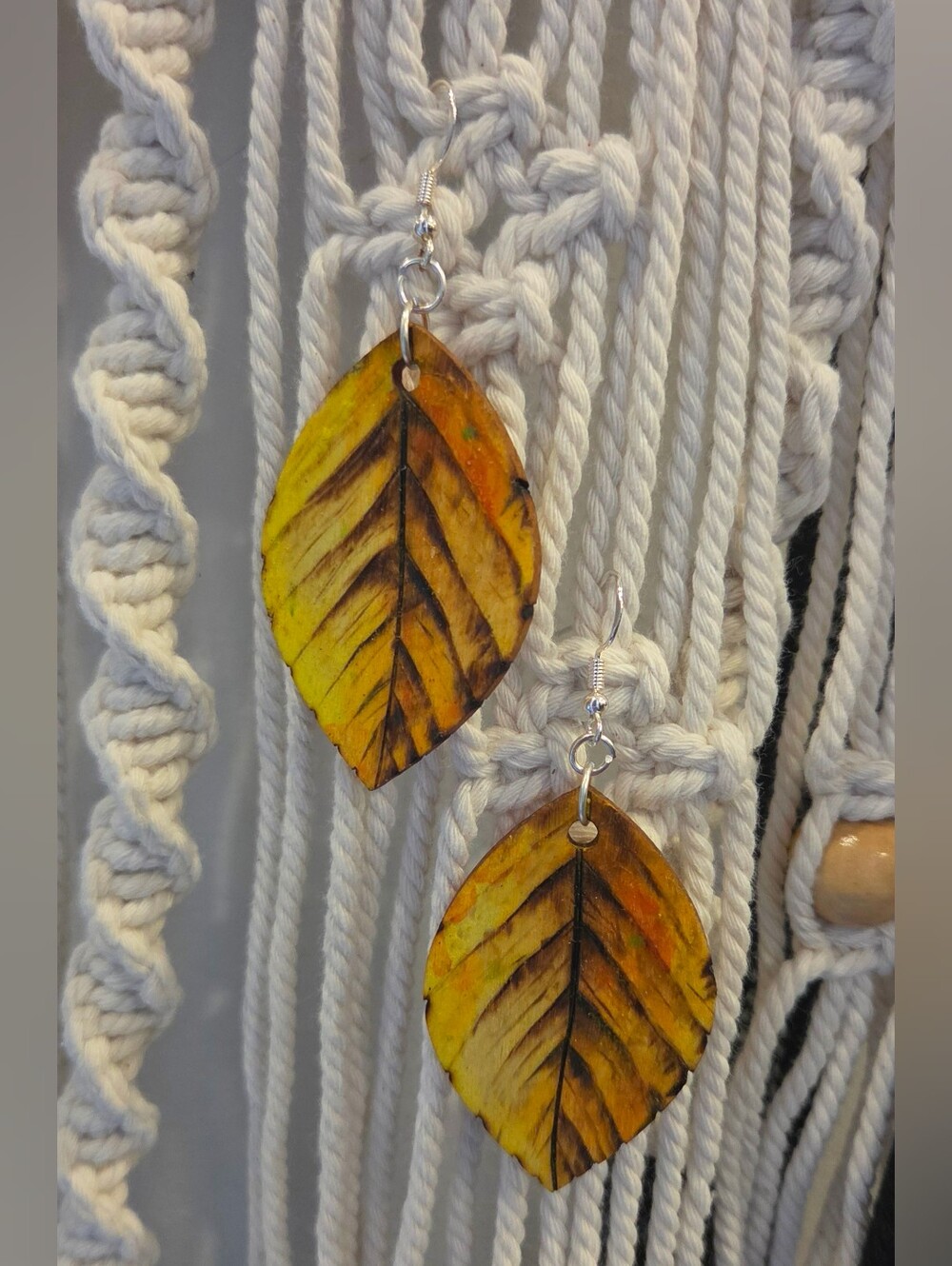 Handcrafted Wood Burned Watercolor Leaf Boho Earrings 925 Sterling